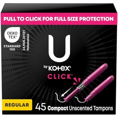 Afbeelding van U by Kotex Klik op Compacte Tampons, Regelmatig Absorptievermogen, Ongeparfumeerd, 45 Count