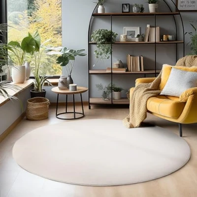 Afbeelding van Laagpolig vloerkleed, Unicolor Monochroom, Vloerkleed Creme, 160 cm Rond, Tapijten in moderne stijl, Tapijt woonkamer