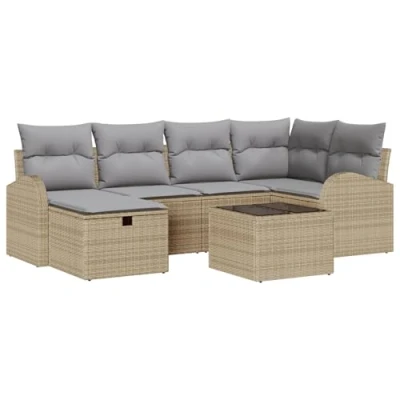 Afbeelding van vidaXL 7 delige tuinsofa set met kussens Beige Poly Rattan