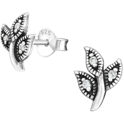 Afbeelding van JoyS Zilveren takje oorbellen met blad oorknoppen 7 x 9 mm zirkonia geoxideerd