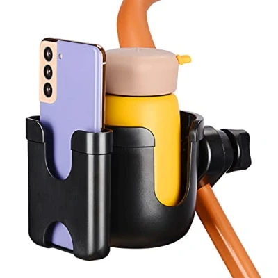 Afbeelding van supregear Universele Bekerhouder met Telefoonhouder, 360 Graden Rotatie 2 in 1 Ouderbekerhouder Waterfleshouder Telefoonhouder voor Kinderwagen Walker Fiets, Zwart en Zonder Gereedschap,