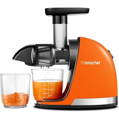 Afbeelding van AMZCHEF Juicer voor groenten en fruit, slowjuicer met achterwaartse kauwfunctie, zacht versnipperen zonder filteren, elektrische sappers, borstel 2 kopjes, oranje