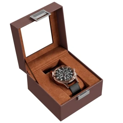 Afbeelding van ProCase horlogedoos met 1 vak, glazen deksel, horlogekussen, horlogeopslag, premium horlogedoos, PU lederen voor heren, espresso