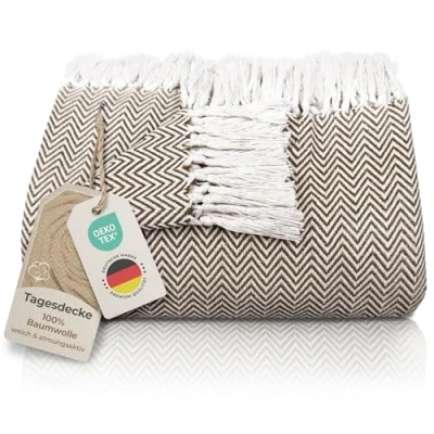 Afbeelding van Gräfenstayn Premium Sprei met Franjes 100% Katoen 150 x 200 cm Visgraatmotief Zomerdeken Katoenen Deken als Beddeken, Bankstel Deken, Bank (Bruijn)
