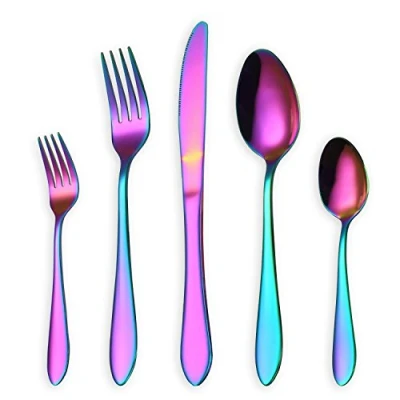 Afbeelding van regenboog bestekset 30 stuks, roestvrijstalen bestekset, titanium plating kleurrijke gebruiksvoorwerpen sets, serviceset voor 6 (glanzende regenboog)