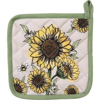 Afbeelding van Clayre &amp; Eef Pannenlap 20x20 cm Beige Geel Katoen Zonnebloemen Afgiet