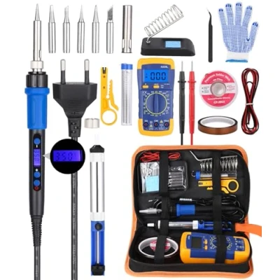 Afbeelding van Yulado Elektrische soldeerbout met tin, 60 W, soldeertin desoldeerpomp, digitale multimeter, houder