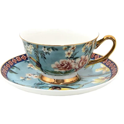 Afbeelding van Clayre &amp; Eef Kop en schotel 200 ml Blauw Goudkleurig Porselein Vogels Servies