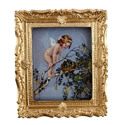 Afbeelding van Melody Jane Poppen Huis Miniatuur Cherub &amp; Vogels Nest Schilderij Gouden Frame