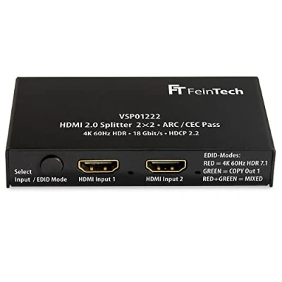 Afbeelding van FeinTech VSP01222 HDMI 2.0 splitter 2 ingangen uitgangen scaler ARC pass voor AV receiver 4K 60Hz HDR