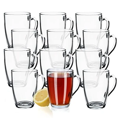Afbeelding van Kadax Tamara Theeglazen, set van 12 glazen met oor, vaatwasmachinebestendig, ook geschikt voor koffie, ijsthee of frisdrank, 375 ml