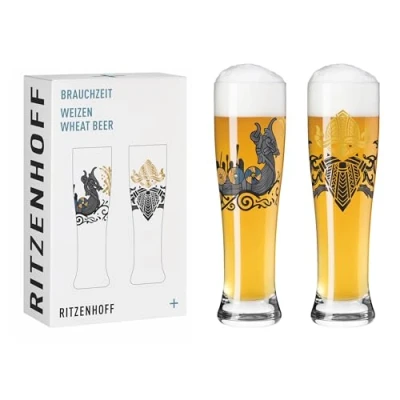 Afbeelding van RITZENHOFF 3481010 Tarwebierglas 500 ml set van 2 serie Brauchzeit runen motief, goud en zwart Made in Germany