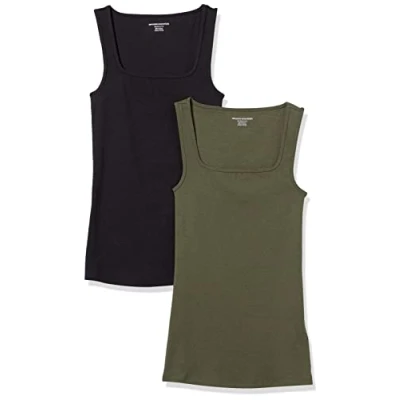 Afbeelding van Amazon Essentials Tanktop voor dames, slimfit, vierkante hals, 2 stuks, zwart/donkerolijf, XXL