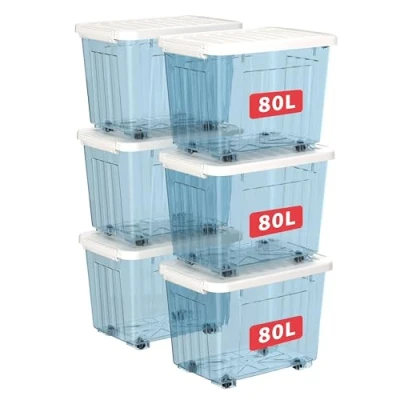 Afbeelding van Cetomo 80L x 6 opbergdozen met wielen, plastic opbergdoos deksel, vergrendelingsgespen, kliksluiting, stapelbaar, nesten, duurzame organizer voor thuiskantoorkleding, transparant, stuks