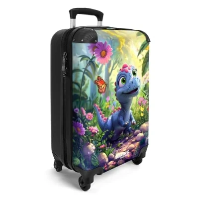 Afbeelding van NoBoringSuitcases.com® Handbagage koffer lichtgewicht Reiskoffer trolley Jonge dino tussen kleurrijke bloemen Rolkoffer met wieltjes Past binnen 55x40x20 en 55x35x25