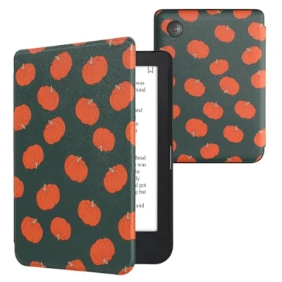 Afbeelding van kwmobile E reader hoesje geschikt voor Kobo Clara 2E hoes flip case met magnetische sluiting Ereader cover Pompoentjes design in oranje / groen lichtgroen