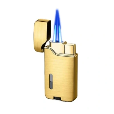 Afbeelding van Metal Dual Flame Torch Lighter, Lighter with Viewing Window, Rechargeable Butane Adjustable Windproof for Men, Women, Gift(Gold)