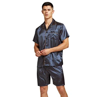 Afbeelding van Satijnen pyjamaset met korte mouwen voor heren, Blauw goud, L