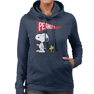 Afbeelding van Peanuts Snoopy &amp; Woodstock Flag dames sweatshirt met capuchon marineblauw, Donkerblauw, L