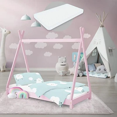 Afbeelding van Kinderbed Tipi met lattenbodem 70x140 cm Roze Hout ML Ontwerp