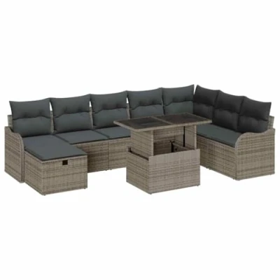 Afbeelding van vidaXL 9 delige tuinsofa set met grijze kussens in poly rattan