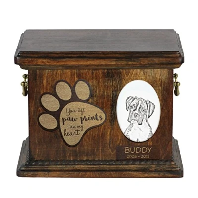 Afbeelding van Art Dog Custom Memorial Urn Handgemaakt Koud Gegoten Bronzen Portret op Berken Basis met Gepersonaliseerde Keramische Plaat 8,3x11,4x8,7 Bokser