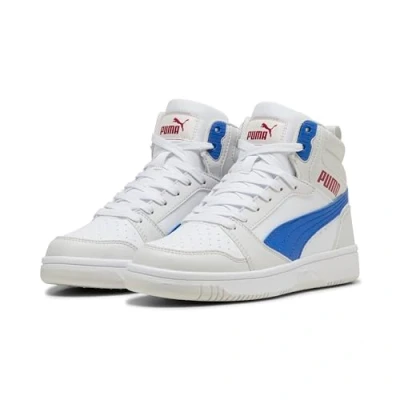 Afbeelding van Puma Rebound V6 MID JR Sneaker, Wit levendig blauwveren Grijs, 3 UK, Vivid Blauw Veer 35.5 EU