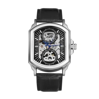 Afbeelding van JewelryWe Herenhorloge analoog automatisch horloge mechanisch lederen band rechthoekig skelet polshorloge horloge, goud/zilver, Echt leer Zwart