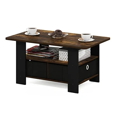 Afbeelding van Furinno Salontafel met vuilnisbak, gemaakt hout, amber grenen/zwart, 48,3 (D) x 80 (B) 39,6 (H) cm