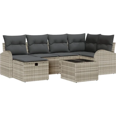 Afbeelding van vidaXL 7 delige tuinsofa set met kussens lichtgrijs poly rattan, 2 zits opslag &amp; rattan