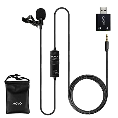 Afbeelding van Movo Lavalier universele USB microfoon voor computer met adapter, compatibel pc&#039;s en Macs, smartphones, fotoapparaten, podcasting, draagbare (6 meter kabel)