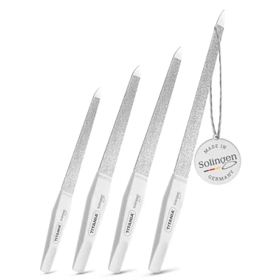 Afbeelding van TITANIA® Solinger Saffier nagelvijlset, 4 professionele nagelvijlen (12/15/17/20 cm) met witte handgreep, vijl voor nagels en natuurlijke nagels, hoogwaardige vijlen manicure pedicure