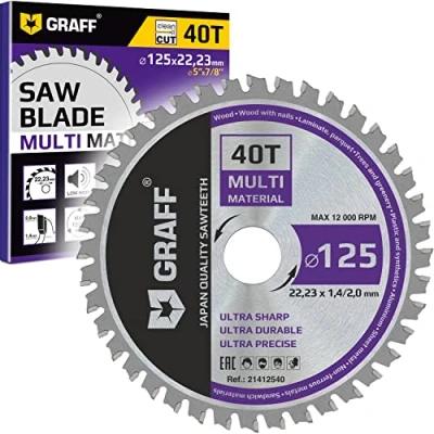 Afbeelding van GRAFF Zaagblad van 125 mm 40 Tanden voor Hout, Plaatstaal, Aluminium, Laminaat, Hout met Spijkers, Kunststof Cirkelzaagblad Hoogwaardig Hardmetaal