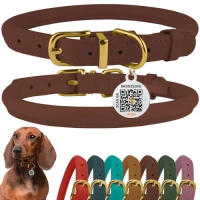 Afbeelding van BRONZEDOG Rolled lederen hondenhalsband met QR ID tag, verstelbare zachte ronde halsbanden voor kleine, middelgrote en grote honden, puppy&#039;s katten (9 11 inch nekmaat, cognacbruin)