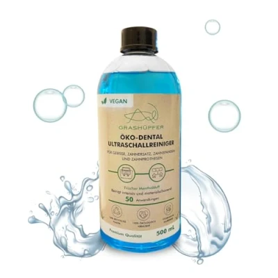 Afbeelding van Grashüpfer® Dental Eco Ultrasoon Reiniger Concentraat I 500 ml &quot;Menthol Geur&quot; Reinigt kunstgebitten, prothesen, kunstgebitten