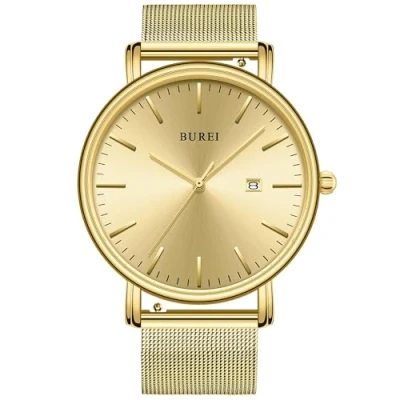 Afbeelding van BUREI heren minimalistisch quartz horloge, elegante roségouden wijzers, grote zwarte wijzerplaat, datumweergave met mesh band