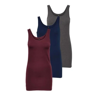 Afbeelding van ONLY Dames Onllive Love Long Tank Noos Top, 3 stuks (Dark Grey Melange, Pageant Blue, Port Royale), S