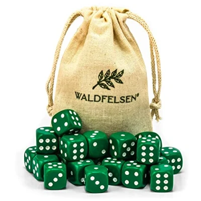 Afbeelding van Waldfelsen ® Hoogwaardige dobbelstenen, standaardformaat, 16 mm, speeldobbelstenen, 6 zijdig, zeszijdig speelaccessoireset met stoffen zak (groen, 20 stuks)