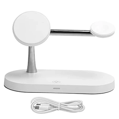 Afbeelding van Draadloos Laadstation, 5 in 1 Snellader Draadloze Oplader 3 Niveaus Verstelbaar Licht Oplaadstation Compatibel met Telefoon 12/IOS oordopjes/horloge(Wit)