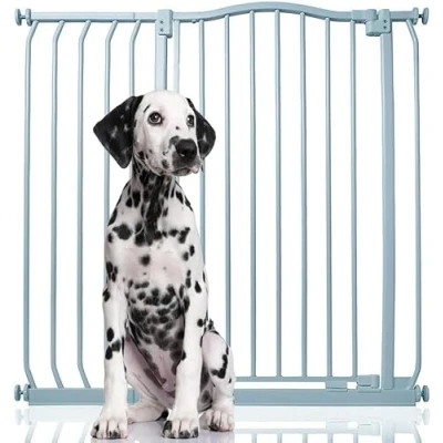 Afbeelding van Bettacare Extra Hoge Hondenhekje met Gebogen Bovenkant, 98cm 107cm, Mat Grijs, Hoog 100cm in Hoogte, Drukfit Hekje voor Hond en Puppy, Huisdieren Honden, Eenvoudige Installatie