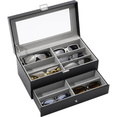Afbeelding van ProCase 2 lagen brillenkoker 12 zonnebril organizer displaybox opbergdoos brillenhouder van leer met glazen deksel zwart