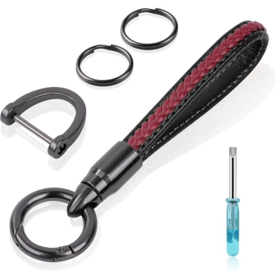 Afbeelding van Leren Sleutelhanger met Anti Lost Ring Draaibare Sleutelorganizer 1 stuk Zwart Rood Leer