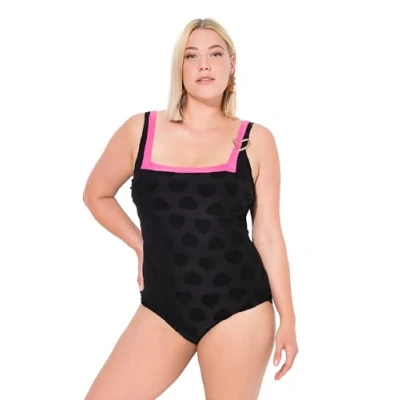Afbeelding van Ulla Popken Monochrome Heart Print Badpak, Dames, Maat: 46, Black