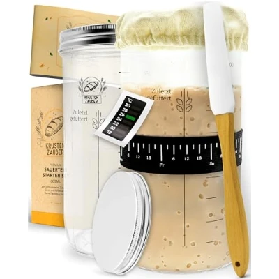 Afbeelding van KRUSTENZAUBER 2x zuurdesem starter set 1000 mL fermentatieglas met spatel en thermometer broodbakaccessoires, zuurdesemglas, fermenteren, zuurdesemstartpakket, starterglas, fermentatie glas