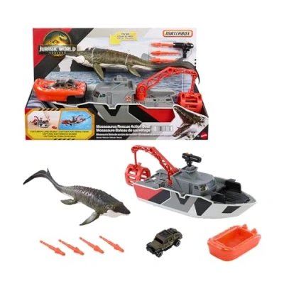 Afbeelding van Matchbox lekset med leksaksbil, 32 cm Jurassic World Rebirth dinobåt 33 Mosasaurus dinosaurie, formgjuten Jeep i skala 1:64, harpunmissiler och löstagbar räddningsbåt, JGG61