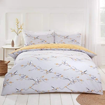 Afbeelding van Dreamscene Blossom Bird omkeerbare bloemen dekbedovertrek met kussensloop beddengoed set, grijs okergeel tweepersoons