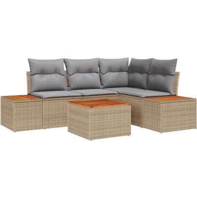 Afbeelding van vidaXL 5 Delige Tuin Sofaset met Kussens Beige Poly Rattan Acacia