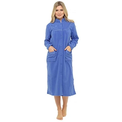 Afbeelding van Dames Warm Fleece Lange Mouwen Knop &amp; Zakken Voorzijde Zachte Dressing Jurk Jas