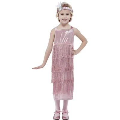 Afbeelding van Smiffy&#039;s Jaren 20 Danseressen Kostuum Roze Flapper Jurk Norah Meisje Small Carnavalskleding Verkleedkleding