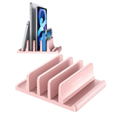 Afbeelding van VAYDEER Verticale laptopstandaard, ruimtebesparend en verstelbaar, 5 in 1, 3 sleuven, voor MacBook, notebook, iPad laptops tot 17,3 inch, roze